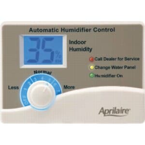 Aprilaire Model 60 automatic digital whole-house humidifier control (humidistat) with outdoor temperature sensor and blower activation; 24 VAC, accuracy +/-3% RH
