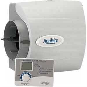 Aprilaire 600 whole-house large bypass evaporative humidifier, 17 GPD output, 24VAC, with automatic digital humidistat control. Covers tightly constructed homes up to ~5,000 sq ft; built-in bypass damper.