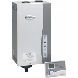 Aprilaire Model 800 whole-house automatic steam humidifier. Electrode steam technology with replaceable canister; 120/208/240 VAC; output adjustable across 6 levels delivering 11.5 to 34.6 gallons of moisture per day; covers up to 10,300 sq ft. Includes Model 62 digital humidifier control with humidity and outdoor temperature sensors, dispersion tube, steam hose, drain tubing, and Model 80 canister.