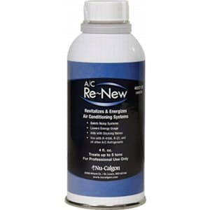 Nu-Calgon 4057-55 A/C Re-New refrigeration lubricant additive, 4 oz unpressurized can. Blends with system oil to quiet compressors, reduce energy use, and improve heat transfer; treats systems up to 5 tons. Installed with the 4057-99 A/C Re-New injector (sold separately). Compatible with R-22, R-407C, and R-410A.