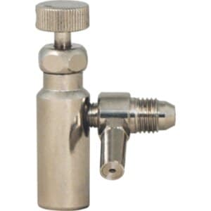 Nu-Calgon 4300-89 Rx11-Flush injection valve. Reusable, non-piercing injection tool that screws onto the Rx11-Flush can and attaches to the flush hose for flushing refrigeration/AC line sets after burnouts and during R-410A conversions; also fits Pneu-Flush and pressurized Rx-Acid Scavenger.