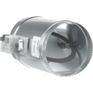 EWC Controls 12URD 12 in round motorized HVAC zone damper. Single-blade, two-position, 24VAC 3-wire power-open/power-close MA-ND5 actuator (18 in-lb torque); 24-gauge galvanized steel with double-layer Poron-gasketed blade; rated to 1.5 in WC static.