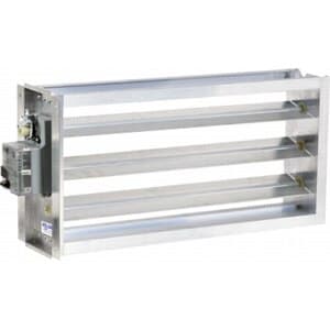 EWC Controls ND Series 10 in. x 14 in. rectangular motorized zone damper. Extruded aluminum with overlapping parallel blades and nylon bearings; 24 VAC 3-wire power-open/power-close (or floating) actuator rated 18 in-lb torque; ~540 CFM, rated to 1.5 in. w.c. and 1500 FPM. LED open/closed indicators.