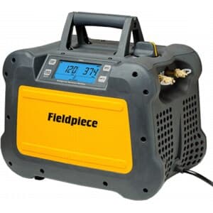 Fieldpiece MR45 digital refrigerant recovery machine, A2L compatible. Smart variable-speed DC motor with oversize compressor; 3 selectable auto-stop levels; large backlit display; wide operating voltage. Compatible with A2L refrigerants (R32, R454B, R1234yf, R1234ze). Weighs 22 lb.