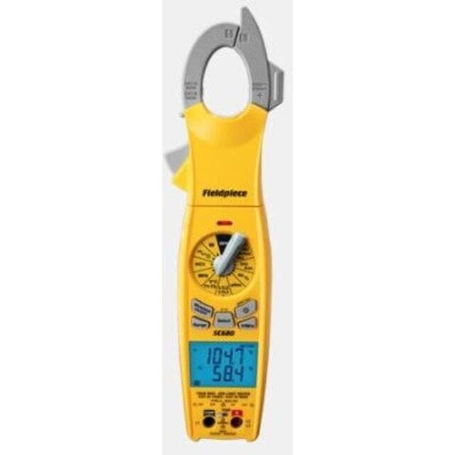 Fieldpiece SC680 Job Link System wireless swivel-head power clamp meter (True-RMS AC/DC). Measures voltage, current, resistance, and power (W); dual type-K temperature ports; wireless transmission to the Job Link app up to 1000 ft; dual 10,000-count display; includes RCT2 mini-split probe tips, magnet, and in-case lead storage. CAT IV 600V / CAT III 1000V.