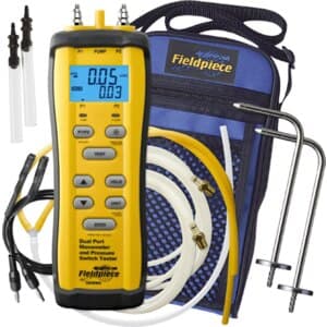 Fieldpiece SDMN6 dual-port manometer with integrated pressure-switch test pump. Measures gas/static/differential pressure up to 60 in WC (0.1 in WC resolution; static to 2 in WC at 0.010 in WC resolution); selectable scales (in WC, mm WC, mBar, PSI); 9V battery powered.