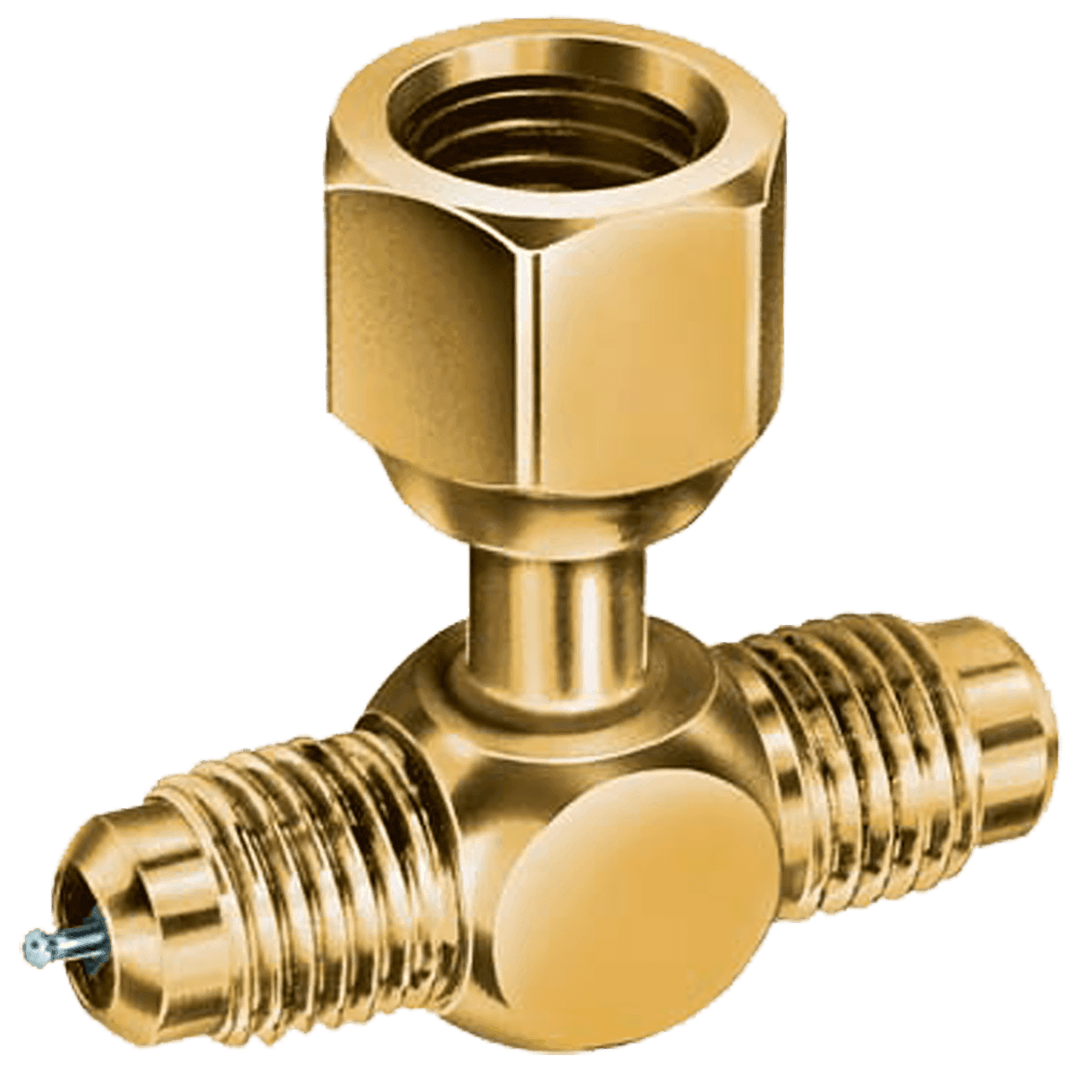 JB Industries 1/4" FE SAE swivel-nut-on-branch access valve tee (without depressor), brass; SAE male flare x SAE male flare x SAE female swivel flare, flare ends tapped to receive access cores, includes cap and valve core; for CFC/HCFC/HFC refrigerants. Pack of 3.