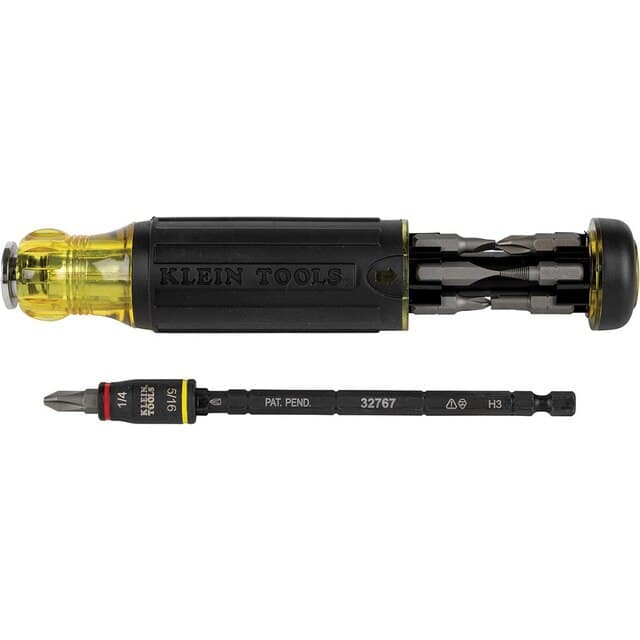 Klein Tools 32304 14-in-1 HVAC adjustable-length impact-rated screwdriver with flip socket. Adjustable 1-4 in blade, magnetic cushion-grip handle, removable shaft for impact-driver use. Includes 12 driver bits (#0/#1/#2 Phillips; 1/8/3/16/1/4 in slotted; #2 square; T10/T15; #2 JIS; Schrader valve insertion; core removal) plus 1/4 in and 5/16 in nut drivers.