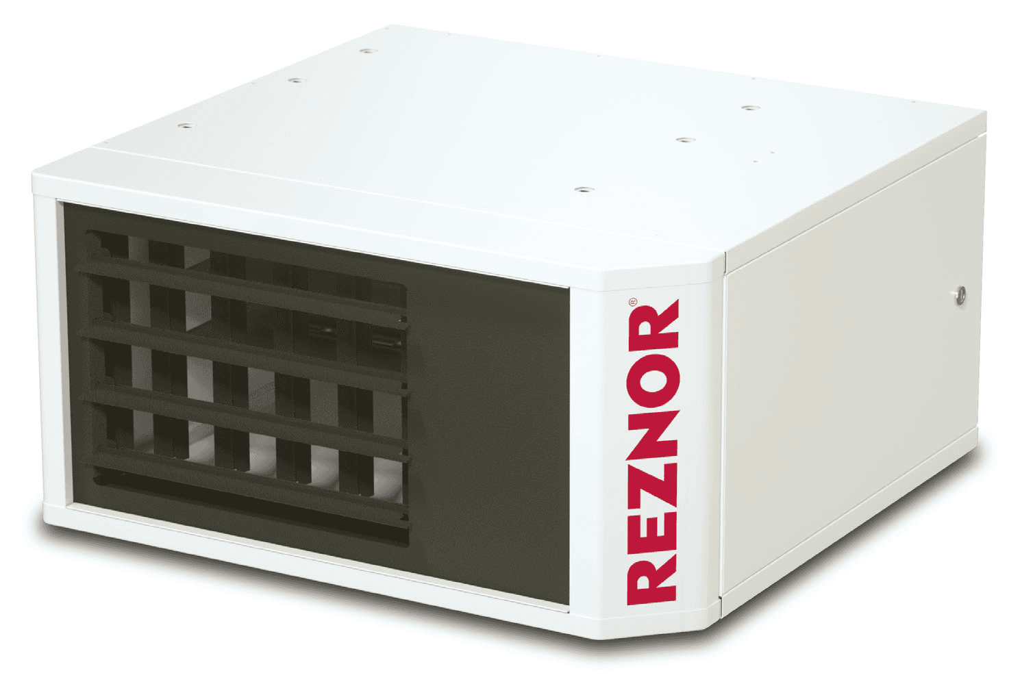 Reznor UDXC-400 power-vented gas-fired propeller (axial) unit heater, 400,000 BTU/hr input, 83% efficiency, 115V/1/60. Field-convertible to separated combustion (SC1 kit) for dirty/dusty environments. Natural gas standard (LP conversion available). TCore2 aluminized-steel heat exchanger. Replaces UDX-400/UDZ-400.