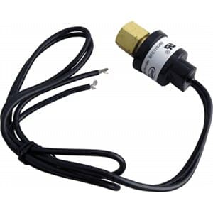 Supco SFC170250 condenser fan cycling pressure switch. Closes on pressure rise; open 170 PSI / close 250 PSI, SPST, encapsulated/non-adjustable. 1/4 in. female SAE flare with valve-core depressor, 18 in. leads. For HFC/HCFC/CFC refrigeration systems.