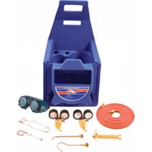 Uniweld KCHP Cap'n Hook oxy-acetylene brazing and welding outfit with five-flame Cap'n Hook tip, Type17-2 welding tip, RO100 oxygen and RMC100 acetylene regulators, 12 ft twin hose, goggles, lighter, and 511 plastic carrying stand (tanks not included); brazes up to 1 in. copper, welds up to 1/8 in. steel